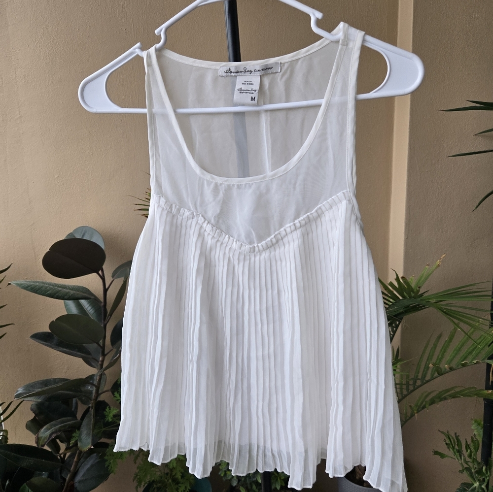American Rag White Pleated Sheer Tank Top Layered Design Size M